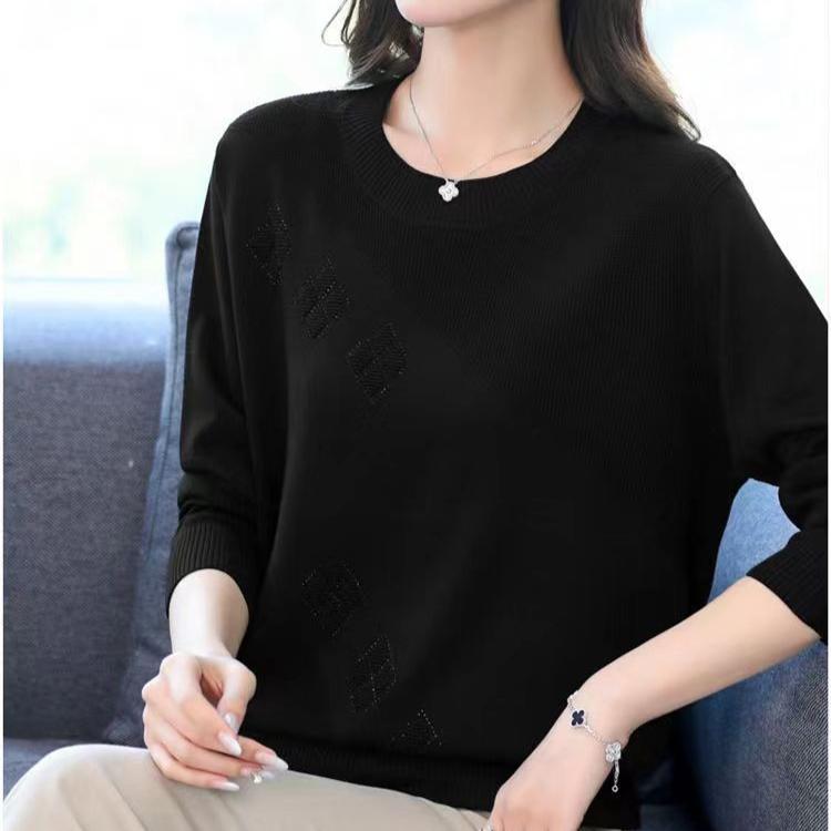 Осень-зима Женский свитер больших размеров с длинным рукавом Свободный круглый вырез Трикотажный свитер со стразами Трикотажный топ Эластичный джемпер