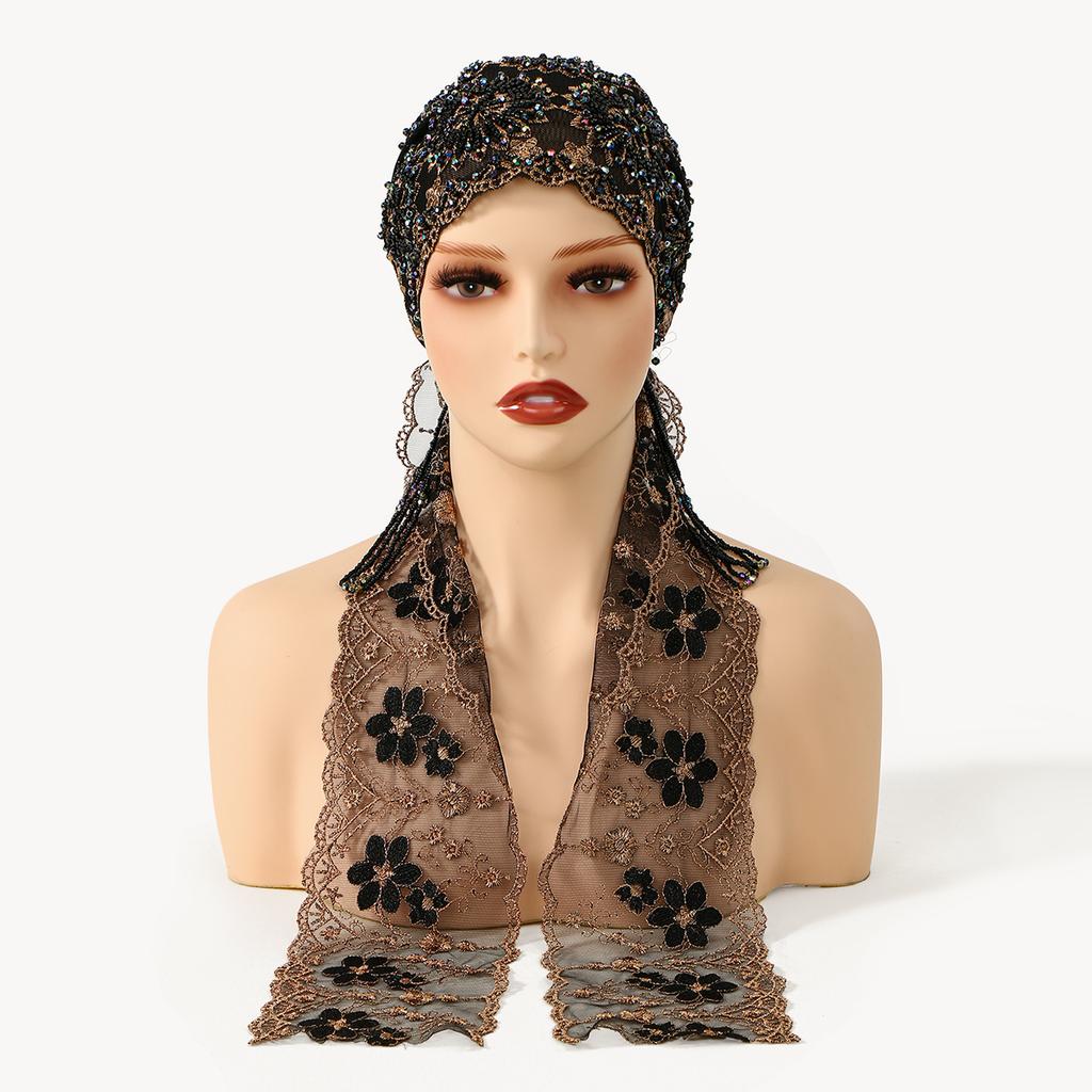 Шляпы-капюшоны из кружева с вышивкой бисером в стиле ленты, женские мусульманские хиджабы, роскошный дубайский боннет, великолепный праздничный стиль, исламский тюрбан, шапки