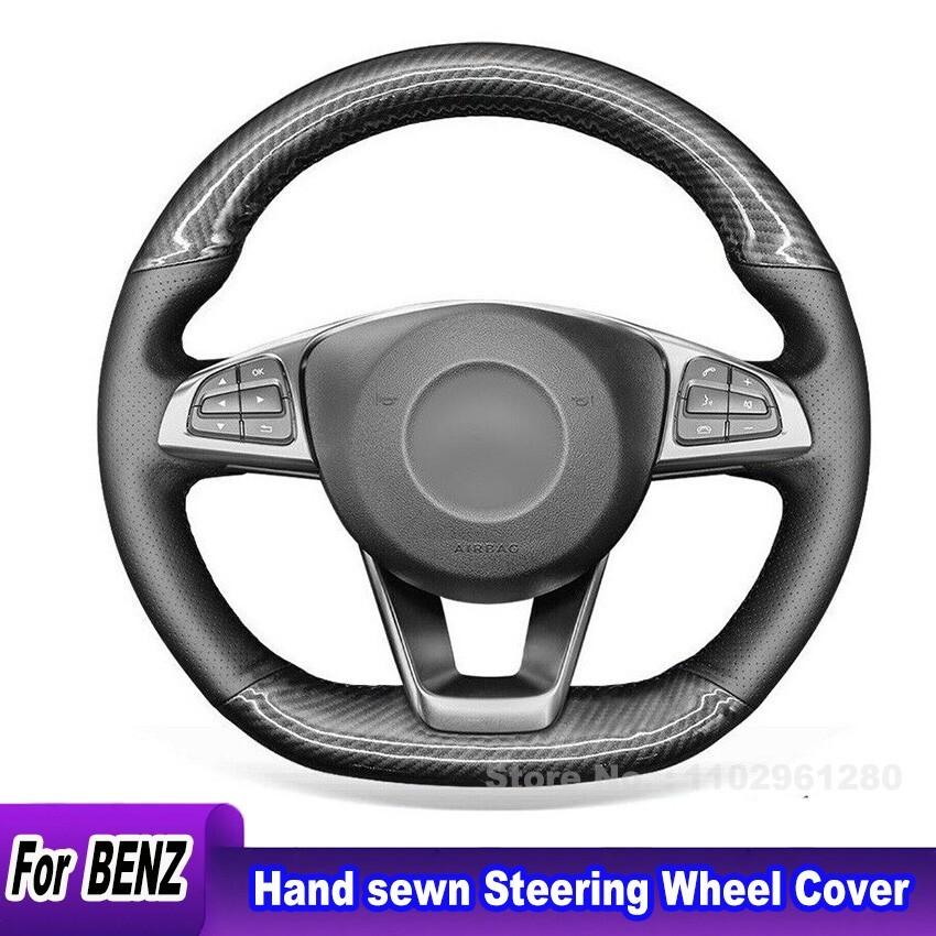 Hand-sewn Carbon Fiber Leather Steering Wheel Cover Wrap Anti-slip for Mercedes Benz C200 AMG Car Accessories