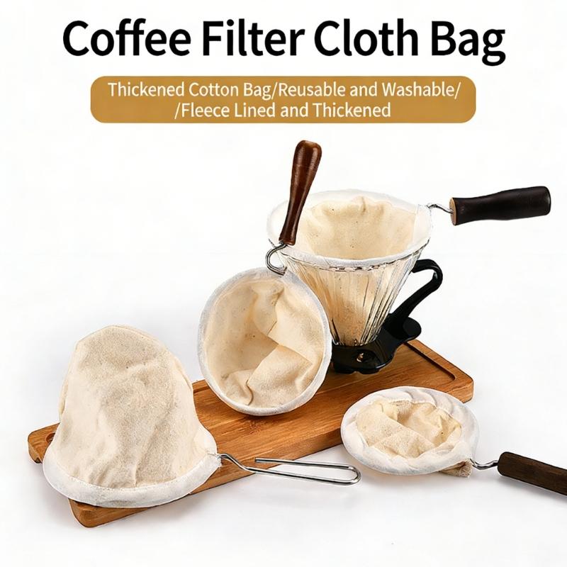 3pcs Washable Cloth Coffee Filter Pouches Coffee Sock Strainer with Wooden Handle Multi Size Brewing Accessories