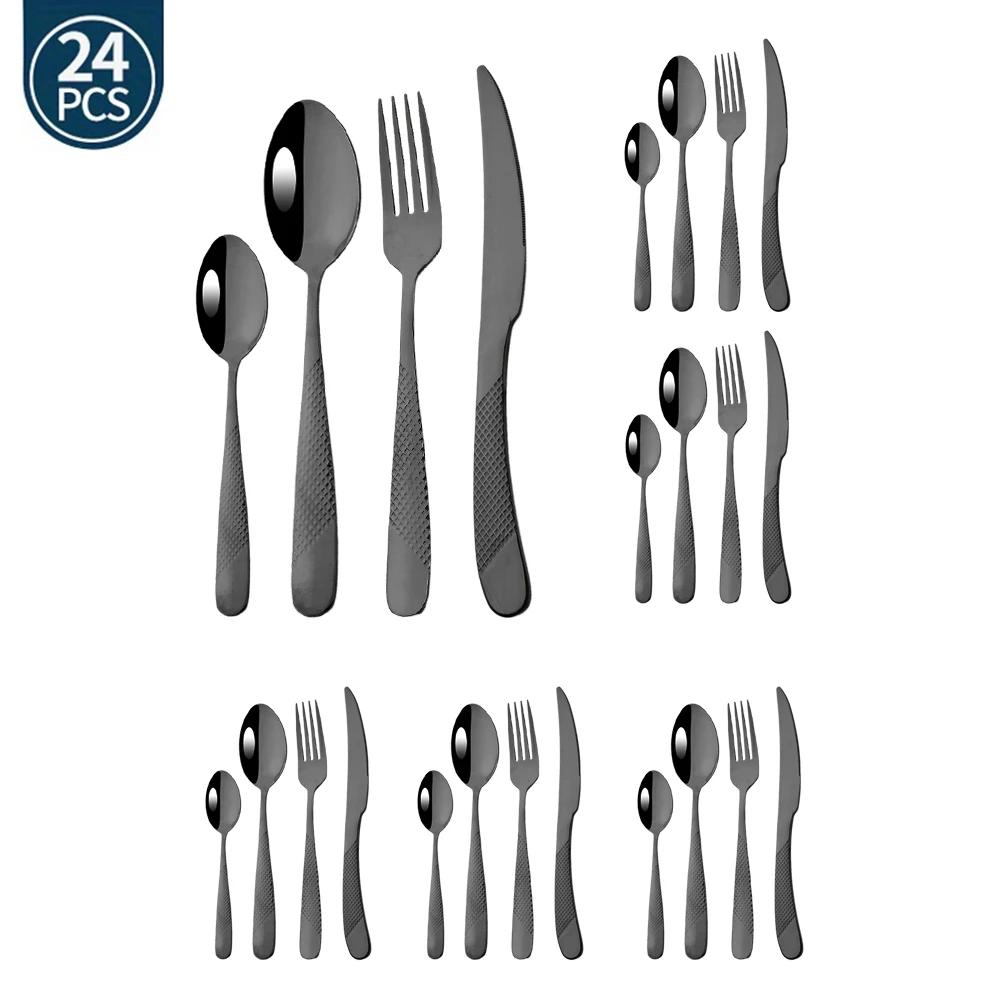 24Pcs Silver Gold Tableware Sets Stainless Steel Cutlery Steak Knife Tea Fork Coffee Spoon Flatware Dinner Kitchen Dinnerware