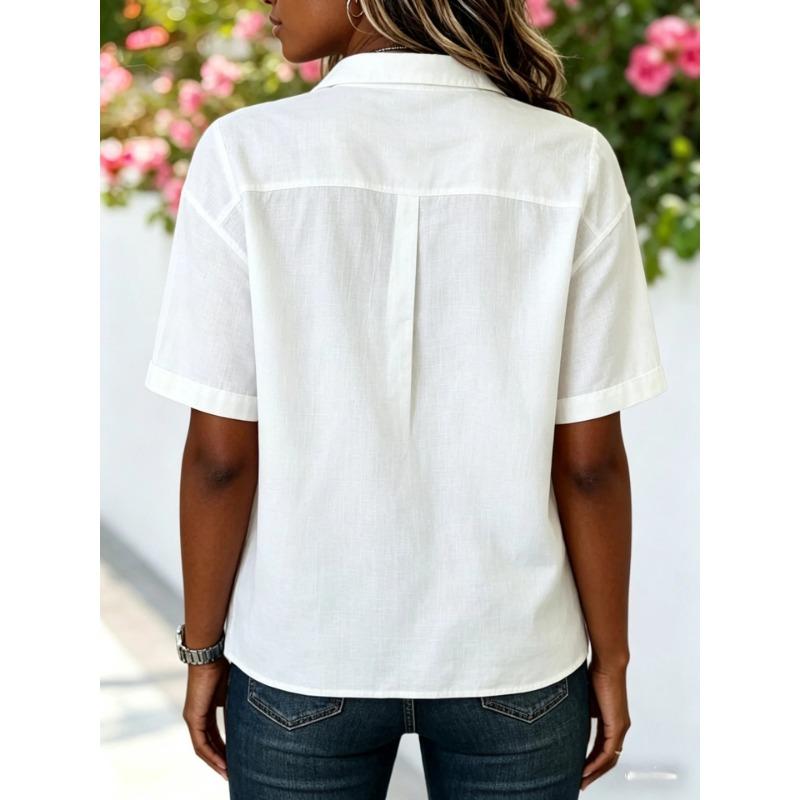 Women Light Blue Lapel Irregular Diagonal Button Short Sleeve Irregular Hem Loose Casual Blouse