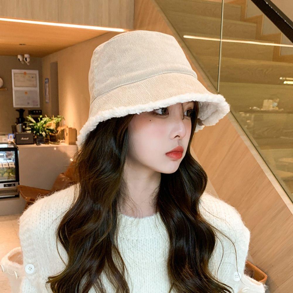 Sun Protection Pure Color Warm Caps Casual Female Hats Winter Foldable Plush Fishman Hat  Girl