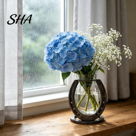 Decorative Glass Ornament Horseshoe Shaped Flower Vase, Rustic Metal Frame with Modern Unique Holder Clear Jar, Western Farmhouse Desktop Floral