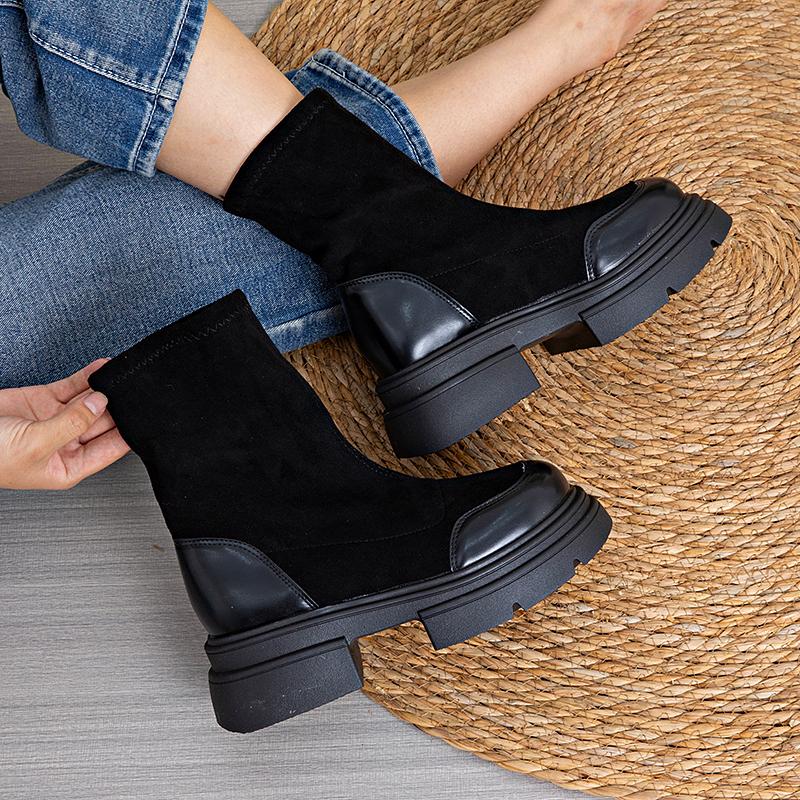 Vintage British Style  Boots for WomenSummer New Warm Versatile Thick Soled Chunky Heel Short Boots Stretch Slim Boots Comfortable Soft Sole Non slip