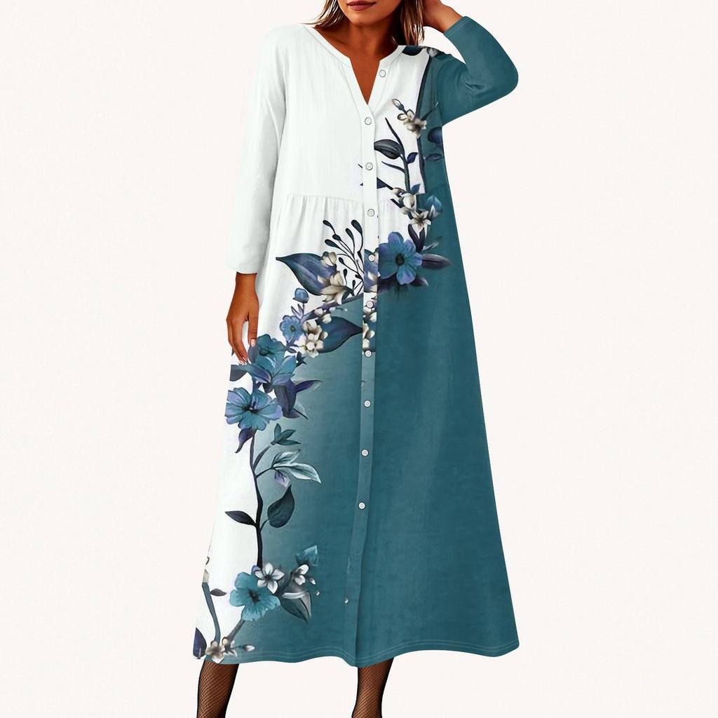 Женское модное платье-рубашка свободного кроя с принтом, круглым вырезом и рукавами семь четвертей на пуговицах