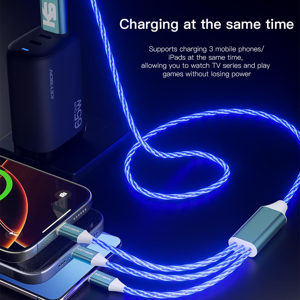KEYSION 3 в 1 3A кабель для быстрой зарядки Micro USB Type-C провод для зарядки телефона светящийся светодиодный шнур для iPhone Samsung Xiaomi Redmi