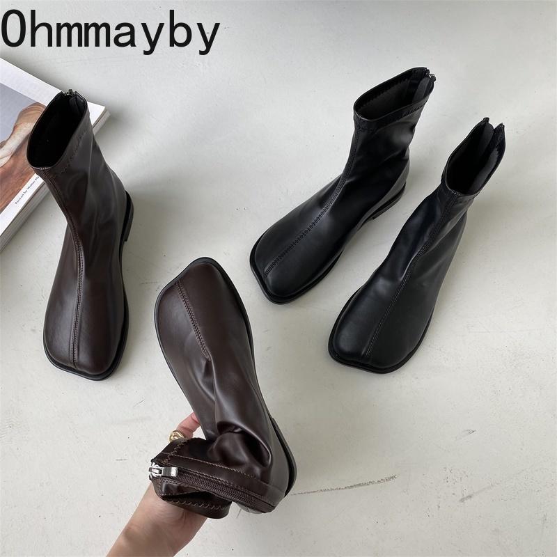 Ankle Boots For Women 2022 Autumn Ladies Casual Flats Heels Short Boots Woman Zipper Designer Square Fashion Shoes