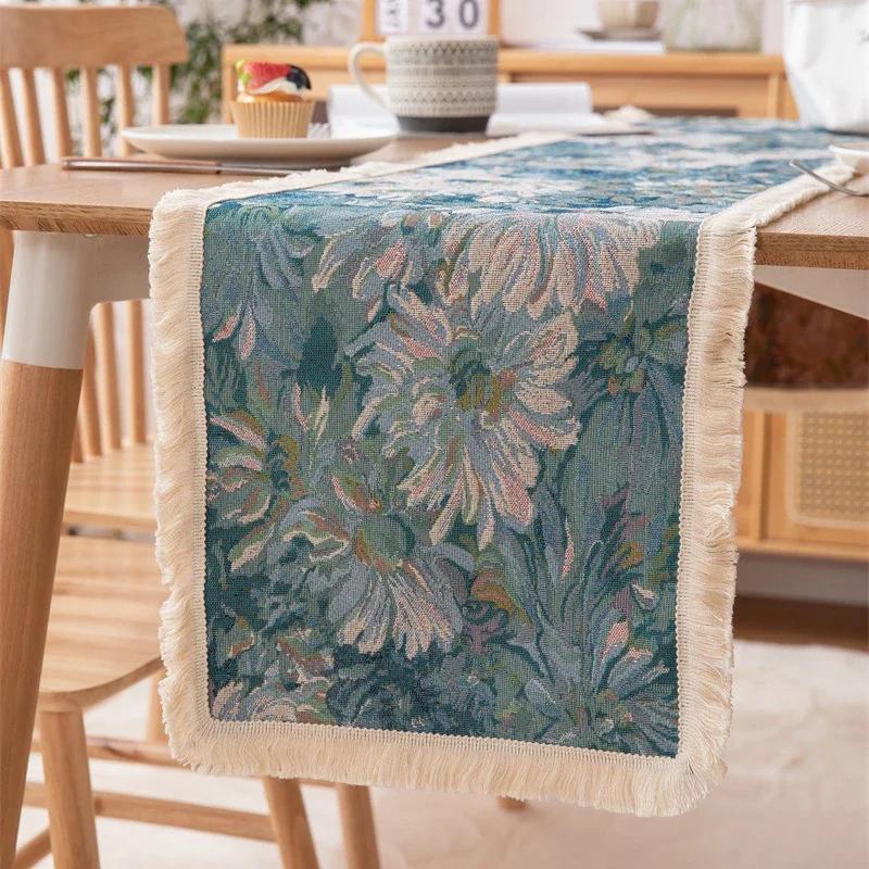 Vintage Table Runner Farmhouse Decor Oil Painting with Tassels Bohemian Sideboard for Autumn Farmhouse Thanksgiving Christmas