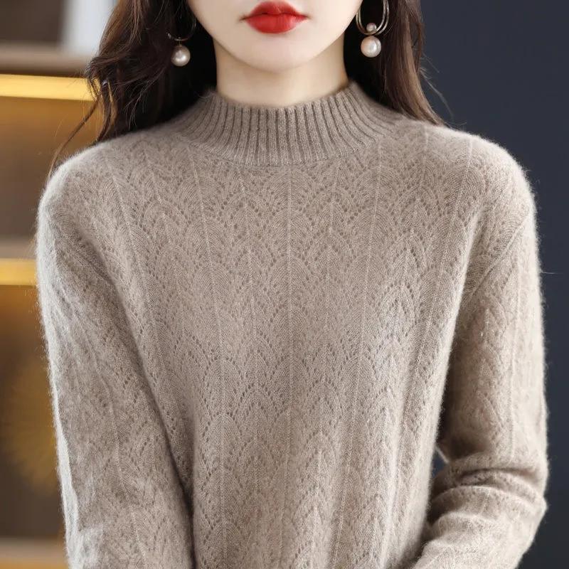 Spring Autumn Mock-neck Pullover Sweater for Women Hollow Out Knitwear Jumpers Female Pull Femme Top