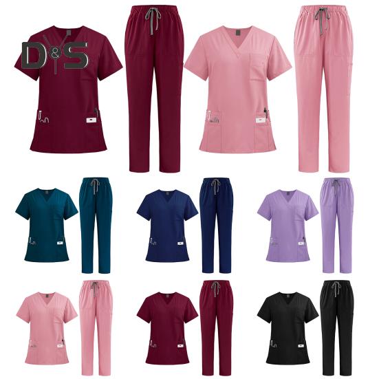 Набор медицинских скрабов, костюм из 2 предметов, функциональные скрабы для медсестер, врачей, топ с v-образным вырезом, брюки для бега, комплект униформы для больничного персонала с 9 карманами