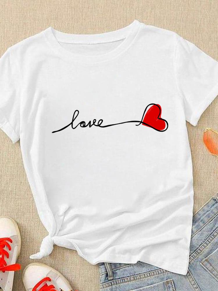 (Азиатский размер) Симпатичная женская модная одежда с надписью Love Heart Trend, повседневная футболка с коротким рукавом, женская футболка с принтом, футболки с графическим рисунком