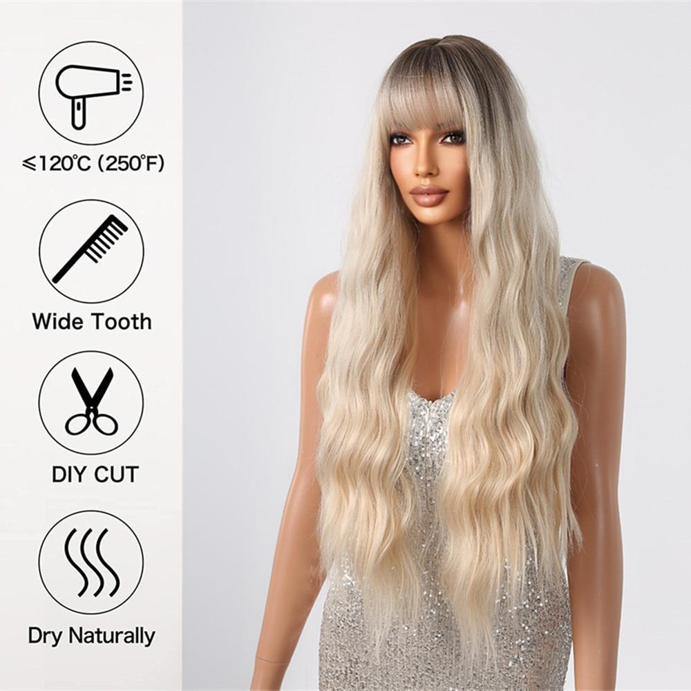 ALAN EATON Блондинка Длинные свободные волнистые синтетические парики с челкой для женщин Ombre Темные корни Натуральный парик Блондинка Повседневный парик из волос