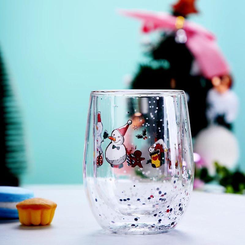 Double Wall Christmas Glass Cup Flowing Sequins Christmas Tree Snowman Coffee Cup Heat Resistant Tea Milk Juice Mug Xmas Gift