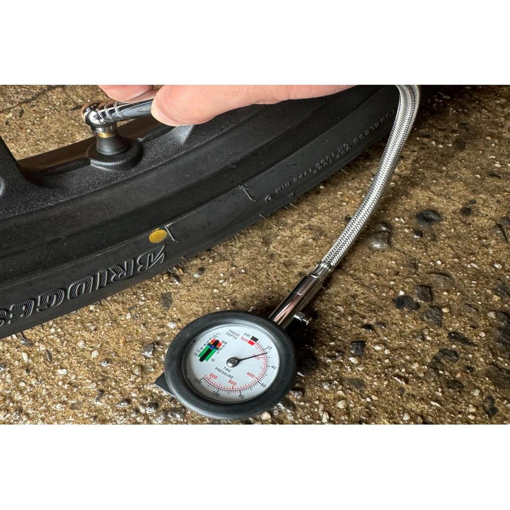 PLOT Compact Air Inflator Gauge for Motorcycles with Tire Groove Measurement Long Compatible with 120 Depth Gauge High Durability Stainless Steel Mesh