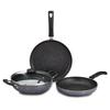 Aluminium 4 Piece Non-Stick Cookware Set | Granite Finish | HTR Exterior Coating | 25 Cm Tawa, 22 Cm Kadai, 22 Cm Fry Pan, 1 Glass Lid