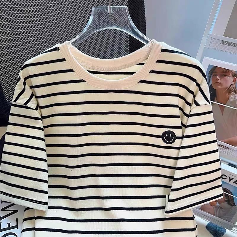 Harajuku Graphic Embroidery Short Sleeve T Shirt 2024 Summer Fashion Stripe T-shirt Casual Loose Women Clothing Young Girls White Y2k Tops Streetwear