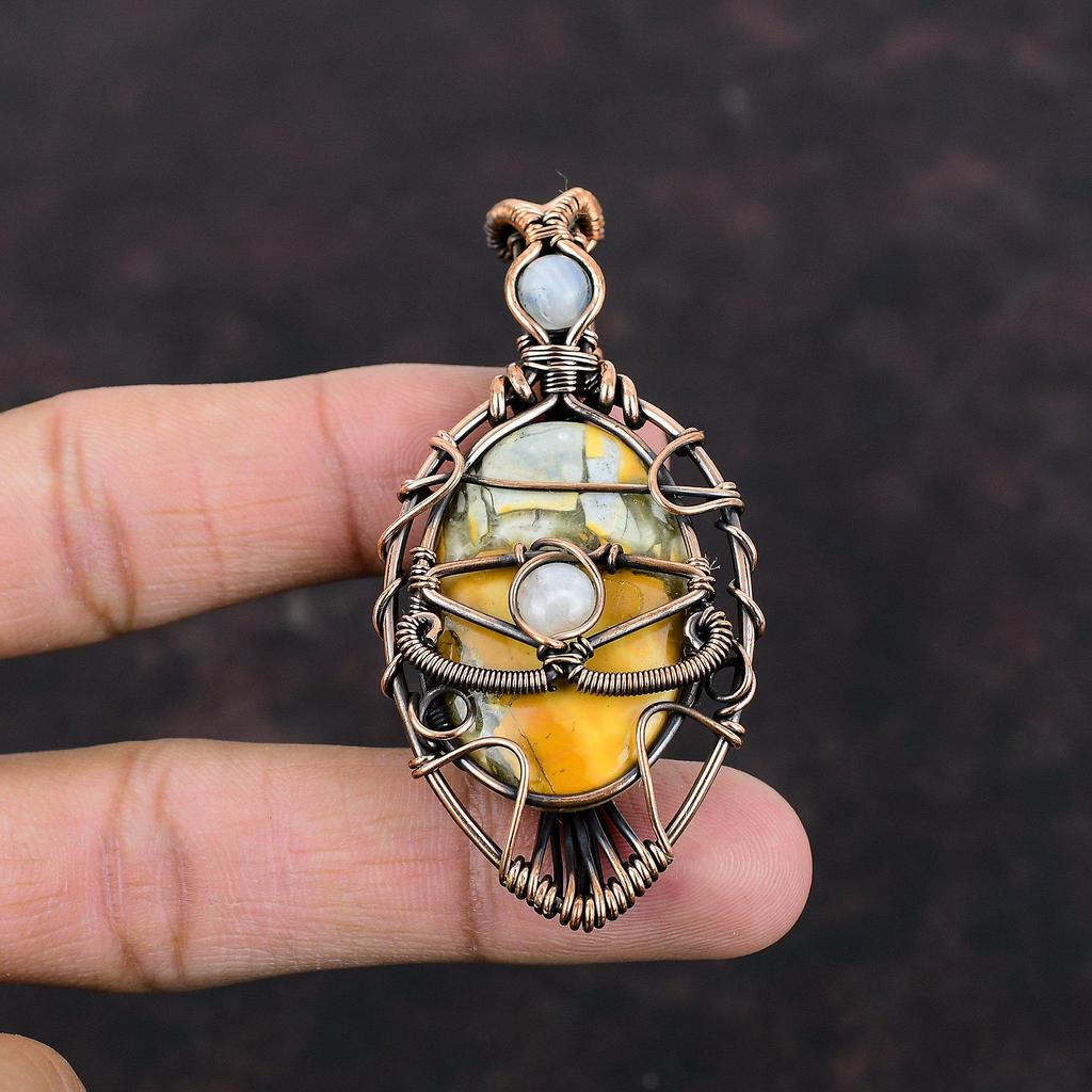 Подвеска из яшмы "Сглаз Малигано" Медная проволока Подвеска из драгоценного камня Ювелирные изделия ручной работы Подвеска из радужного лунного камня Медные украшения Подарок для него