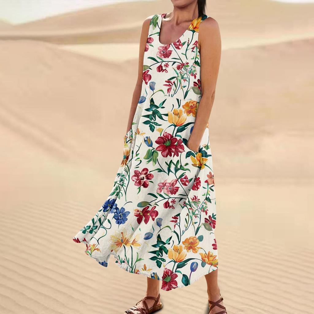 Женское повседневное удобное хлопковое карманное платье без рукавов с цветочным принтом
