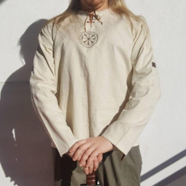 Мужская летняя дышащая льняная рубашка, повседневная рубашка викингов с длинным рукавом