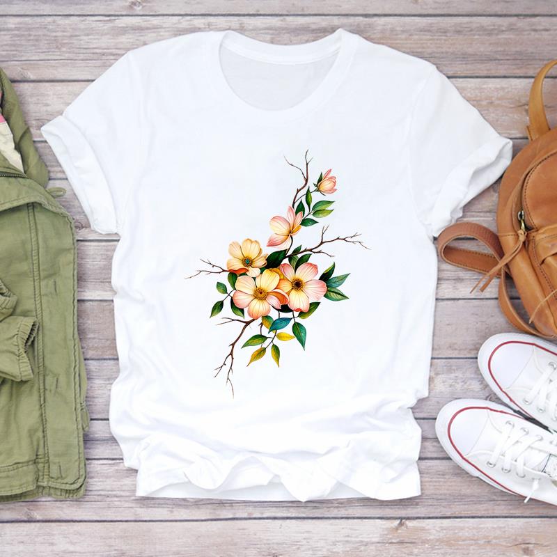 (Asian Size) Women Tee Flower Trend Cute Top Clothing Casual  Short Sleeve T Shirt Fashion Print Lady Female Graphic T-shirts