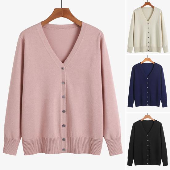 Women Sweater Coat Solid Color Single-breasted Buttons Long Sleeves Casual Cardigan Soft V Neck Casual Autumn Jacket for Daily Wear
