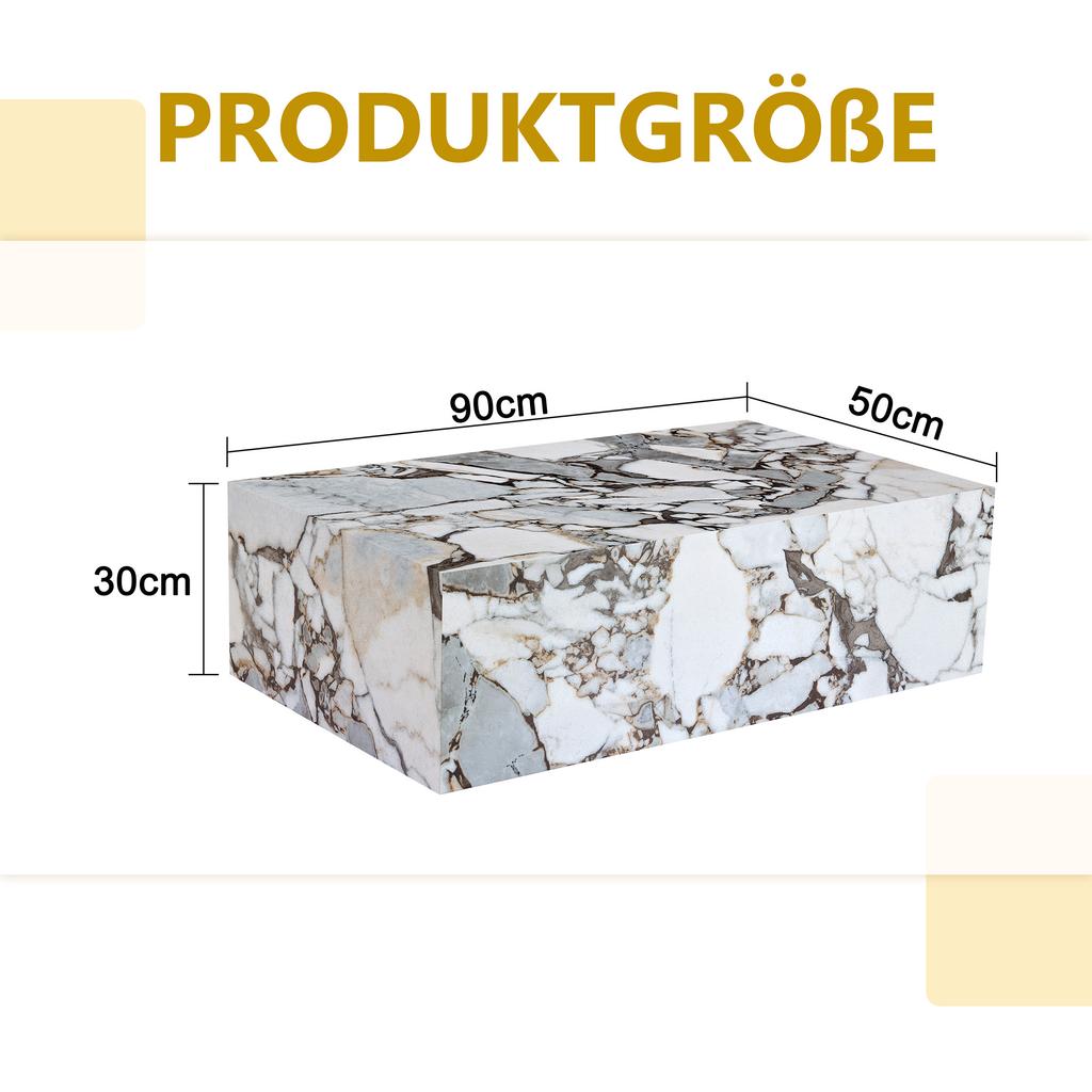 White rectangular coffee table, marble-imitation texture, 90×50×30 cm, MDF, no assembly required. Luxury, Scandinavian, Northern European style.