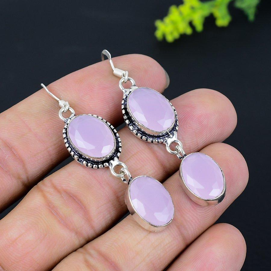 Pink Chalcedony Gemstone 925 Sterling Silver Gift Jewelry Earring 2.29"
