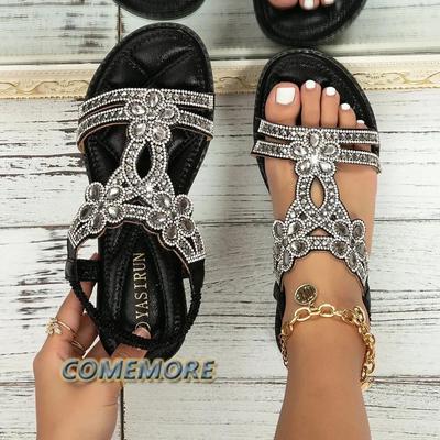 Женские босоножки со стразами и цветочным принтом, с открытым носком, с эластичным ремешком на щиколотке, на танкетке, женская обувь, модные сексуальные босоножки для пляжной вечеринки, для леди