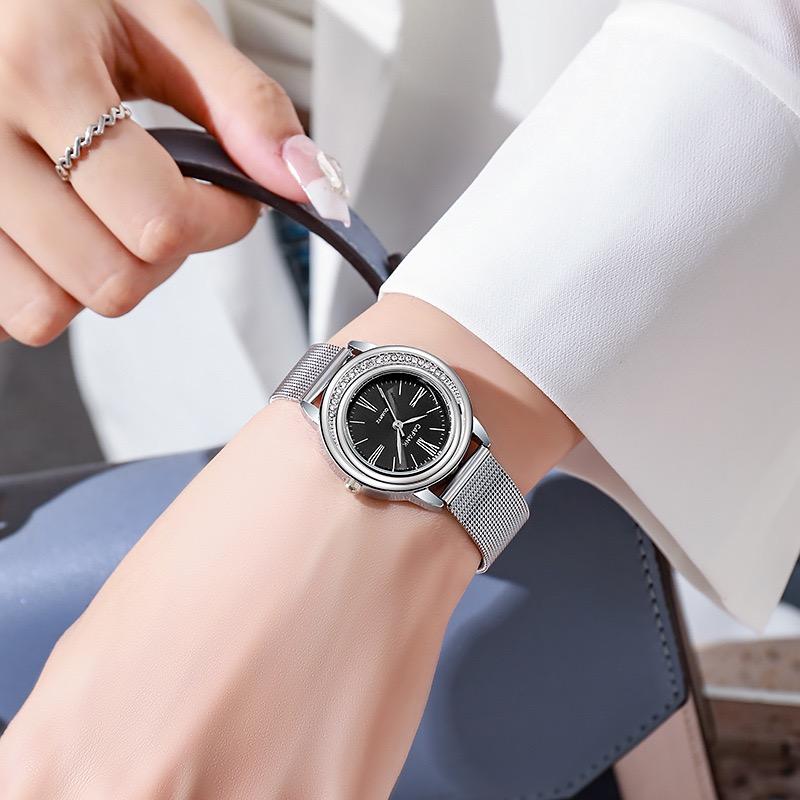 Роскошные женские часы Модные часы с кварцевым механизмом и инкрустацией бриллиантами Стальной ремешок Женские часы Наручные часы для девушек Подарок