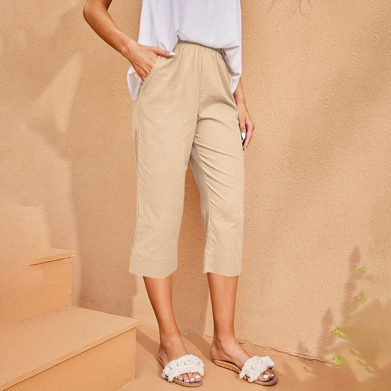 Женские летние ретро хлопково-льняные свободные брюки гаремы с эластичной талией, повседневные брюки, базовая универсальность, широкие брюки до щиколотки, однотонные