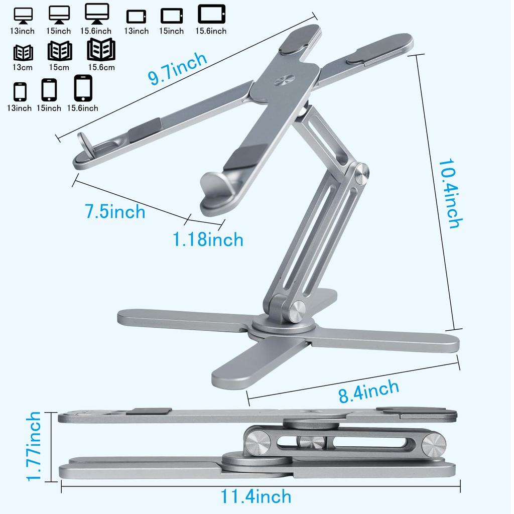 Laptop 360 Degree PC Stand Tablet Made of Aluminum Foldable iPad Heat Compatible with Devices Up To 17 For Conference Storage Bag Included H&W Stand,