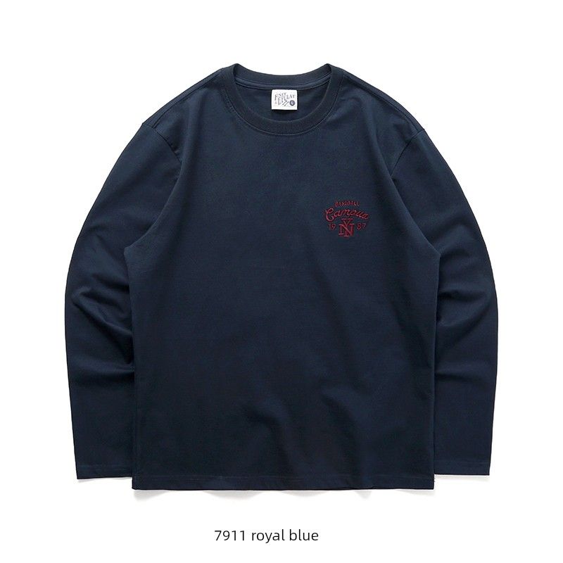 American vintage Embroidered Cotton Long sleeves Shirt Men's 2024 New Spring and Autumn Undershirt Foreign Trade Men's White T-shirt