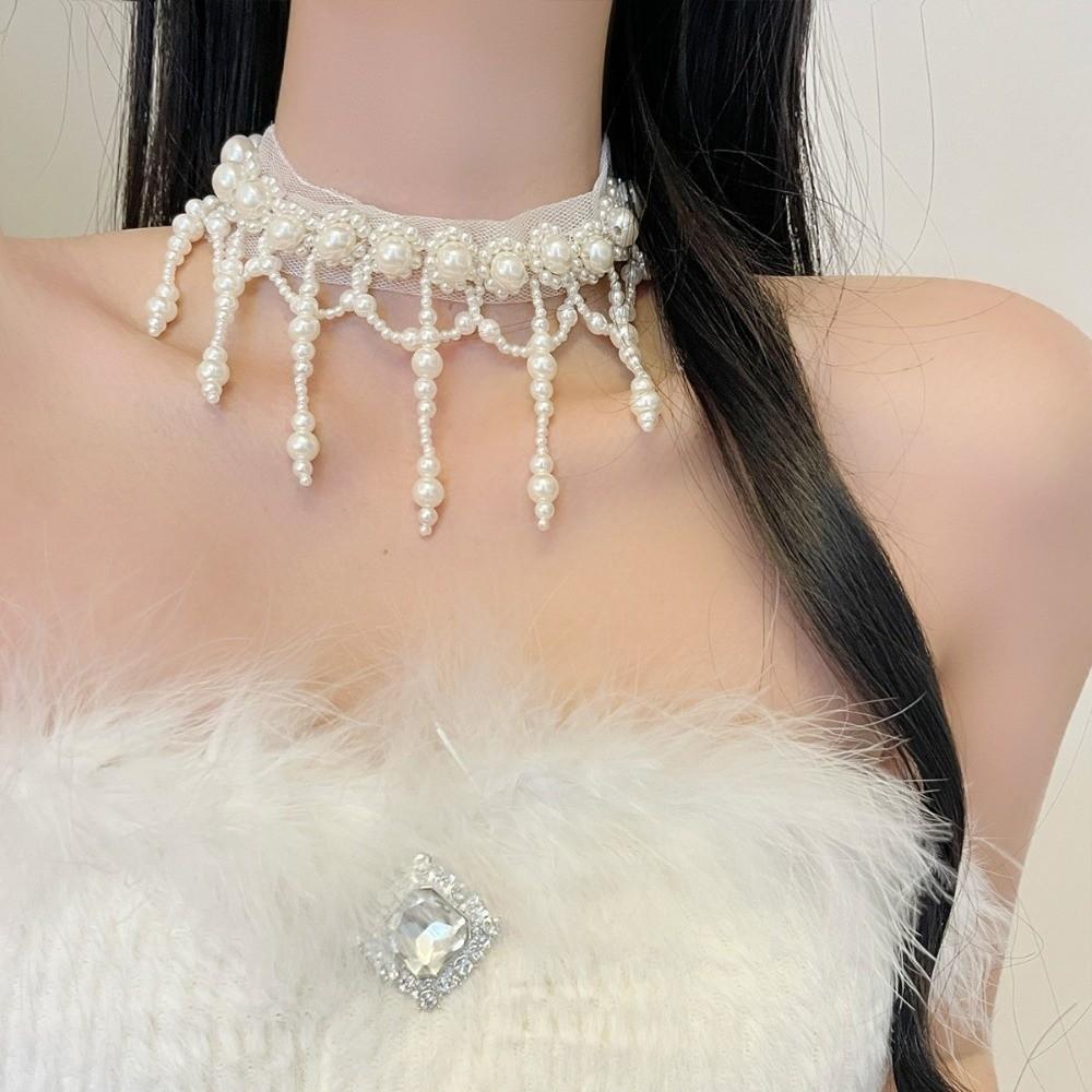 White Tassel Beads Necklace Creative Mesh Neck Jewelry Neck Pendant Pearl Lace Choker Bride