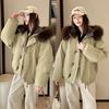 Korean retro fur collar hooded cotton jacket women's clothing winter new horn buckle thickened warm cotton coat