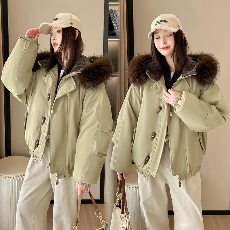 Korean retro fur collar hooded cotton jacket women's clothing winter new horn buckle thickened warm cotton coat