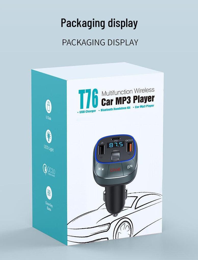 Bluetooth FM Transmitter & Car Charger with Fast Charging PD30W QC3.0, Ambient Light, USB Drive, and Music Playback