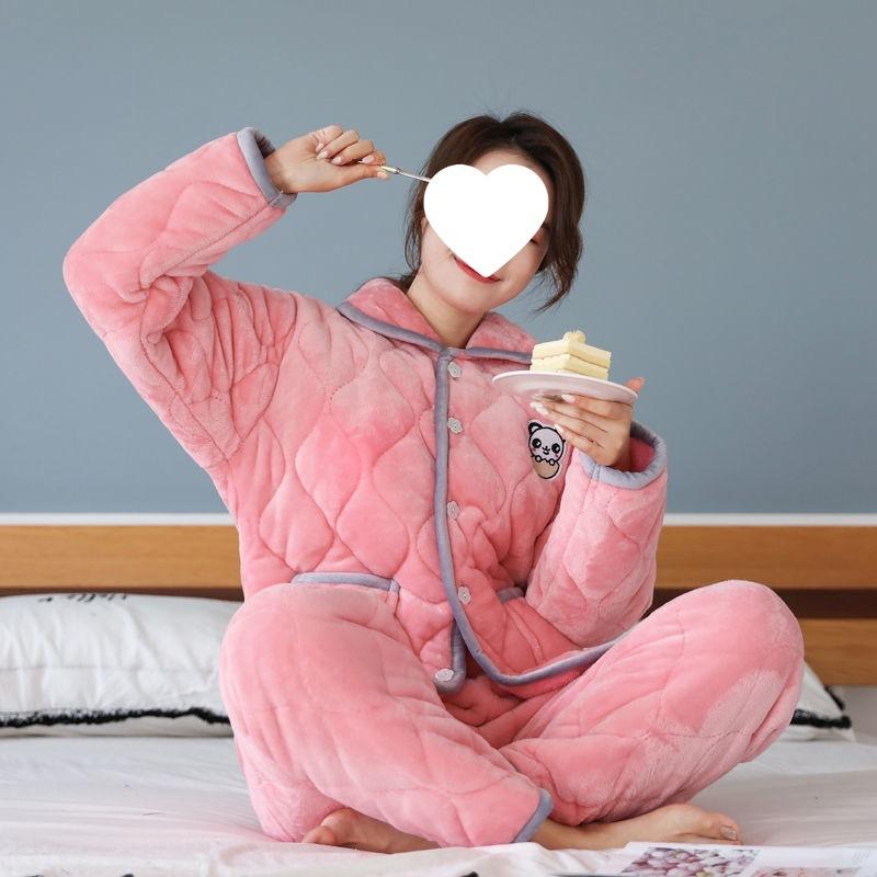 Пижама женская трехслойная утолщенная и милая зимняя можно носить больших размеров теплая стеганая домашняя одежда