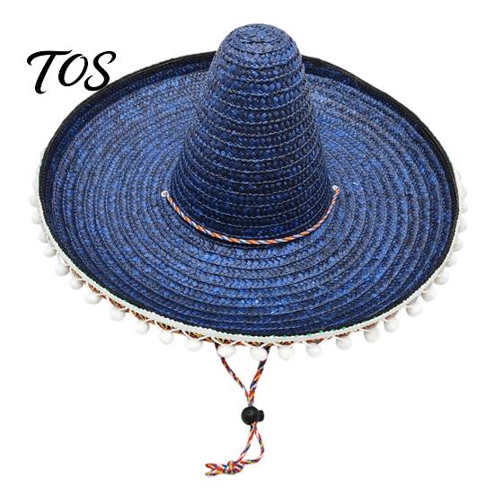 Mexican Straw Hat Sombrero with Colorful Poms, Hawaiian Style Woven Sun Hat, Wide Brim Lightweight Halloween Costume Party for Summer Beach