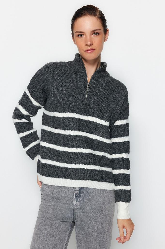 Женский свитер в элегантном стиле, мягкий текстурированный трикотаж в полоску на молнии, свитер с камнем