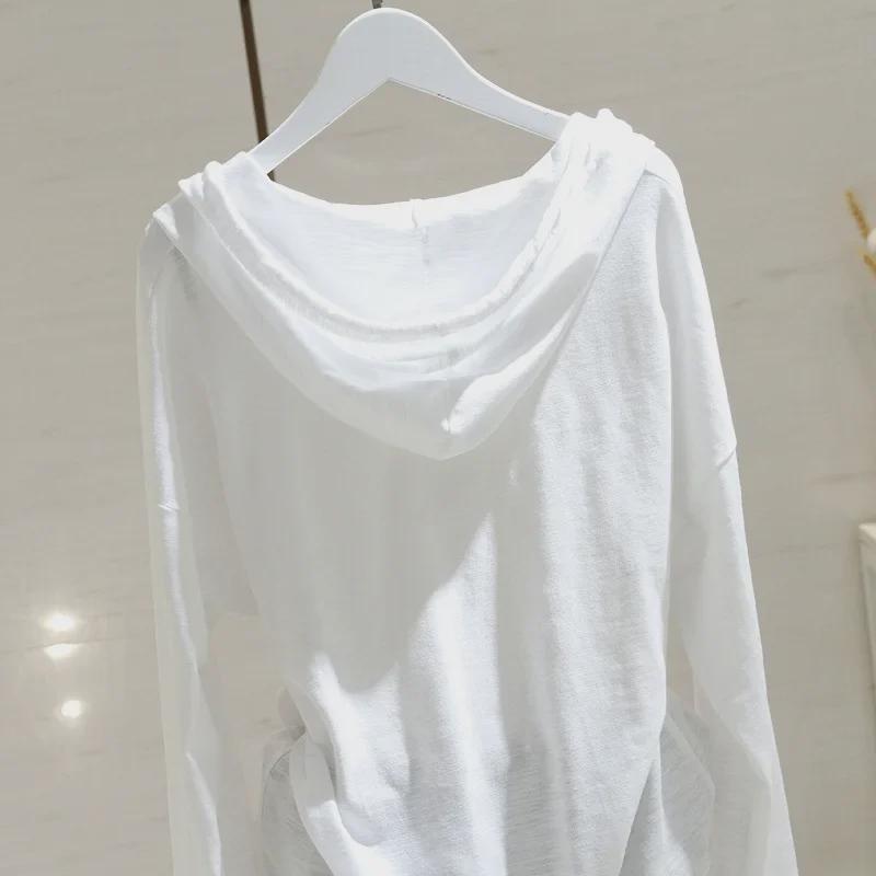 Women's Korean-Style White Hooded Long-Sleeve T-Shirt - 2025 Spring/Autumn Loose-Fit Top