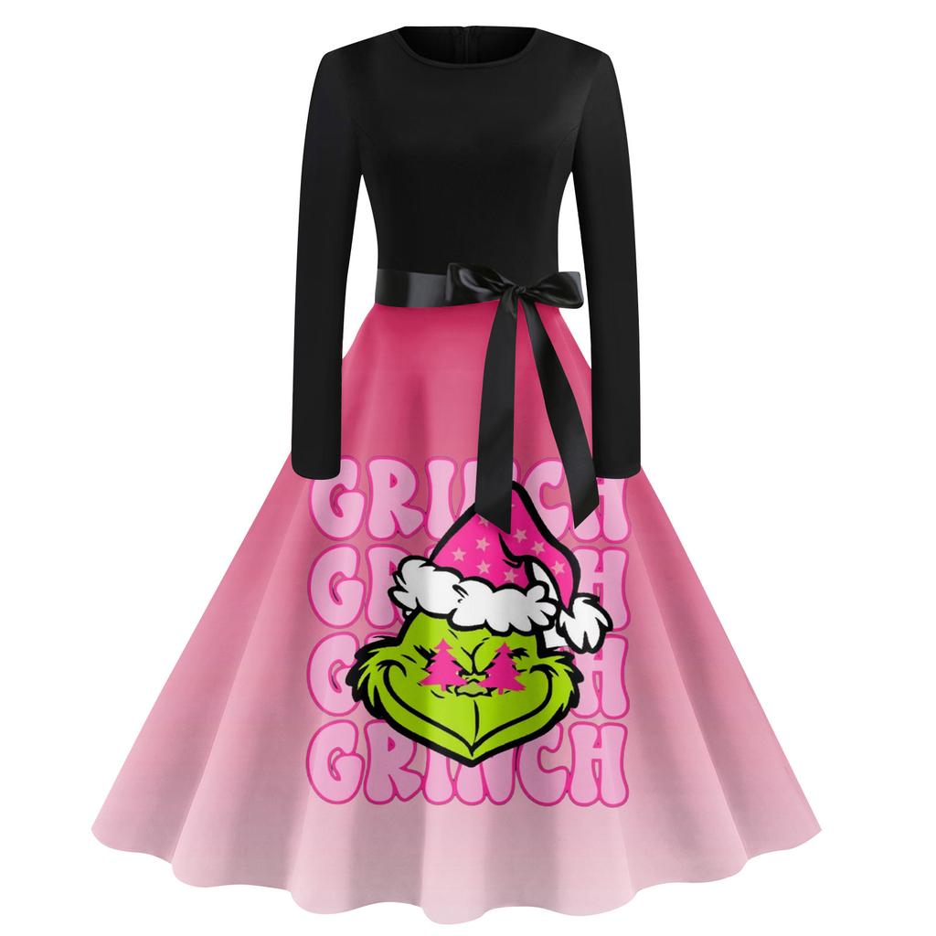 Женское винтажное классическое платье с воротником на талии и галстуком-бабочкой с длинными рукавами и рождественским принтом, с круглым вырезом, свободное платье