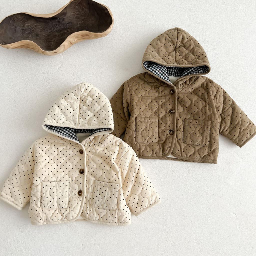 Children's Cotton-padded Coat 2024 Winter Infant Baby Polka Dot Corduroy Thickened Hooded Cardigan Cotton-padded Jacket