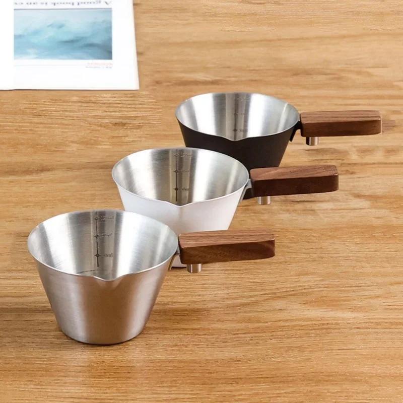 120ML Espresso Measuring Cup Wood Handle Single Spout with Scale Stainless Steel Extraction Cup Thicken Coffee Cup Barista Tool