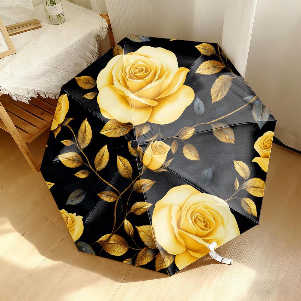 1 Open/Close Flower Umbrella with Yellow Rose Print on Black - Folding/Unfolding, Portable Compact Umbrella Suitable for Trave