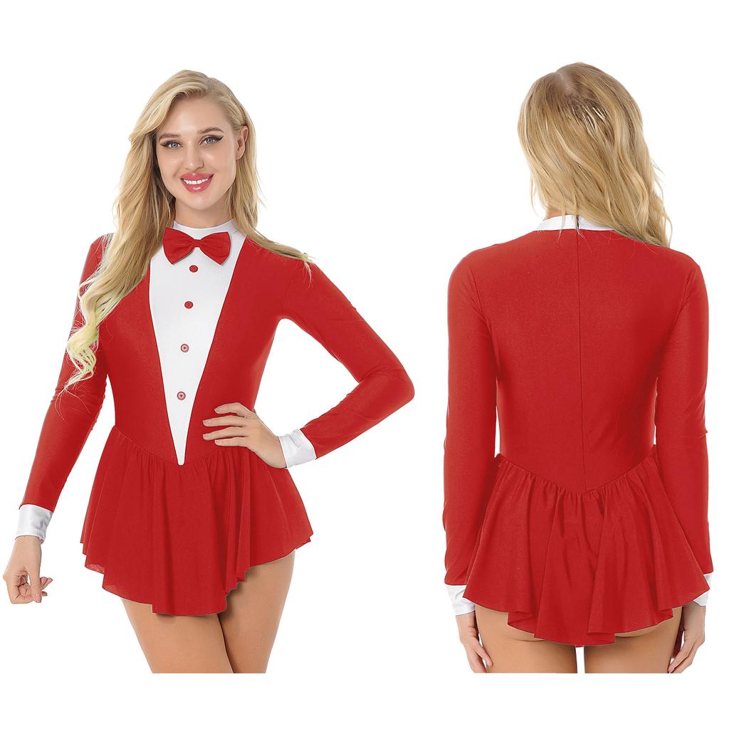Women's Party Hostess Costume S-XXL: Stylish Contrast Tuxedo Dress Featuring Bow Buttons and Long Sleeve Ruffle Cuffs