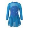 Children Girls Shiny Rhinestones Mesh Keyhole Back Figure Ice Skating Dress Long Sleeves Roller Skating Ballet Dance Leotard Dress