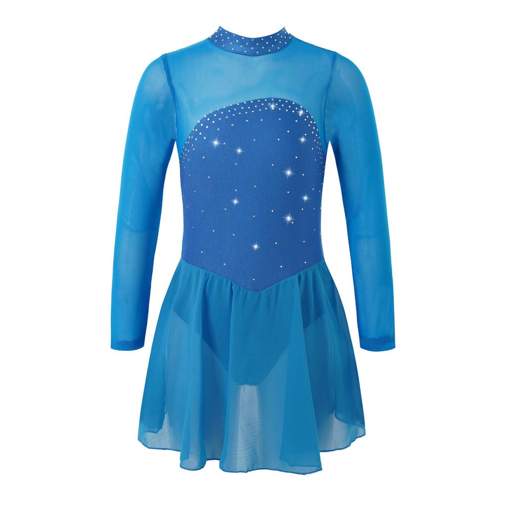 Children Girls Shiny Rhinestones Mesh Keyhole Back Figure Ice Skating Dress Long Sleeves Roller Skating Ballet Dance Leotard Dress