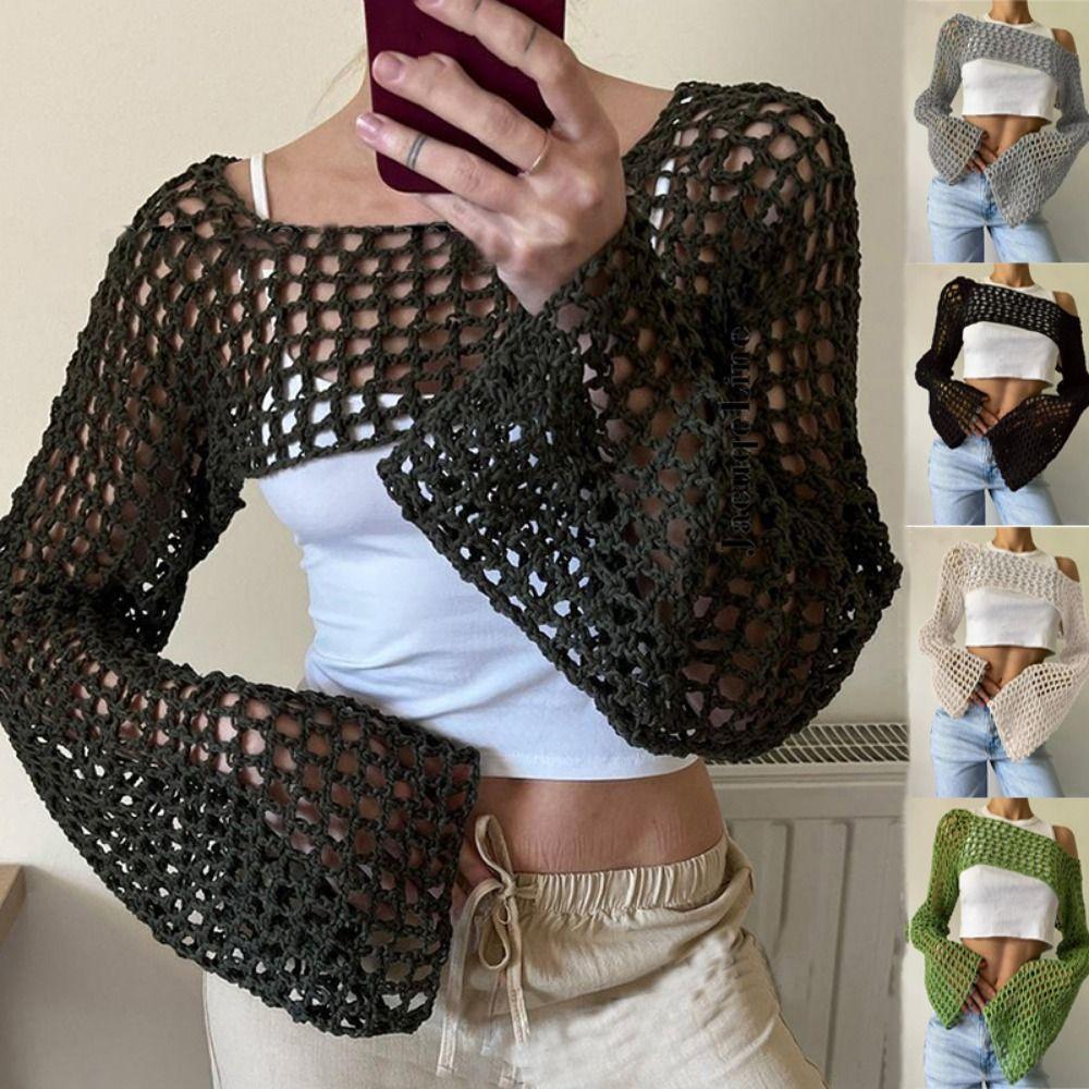 Soft Round Neck Shrug Pullover Y2K Knit Hollow Out Crop Top Women Crochet Crop Top Shopping