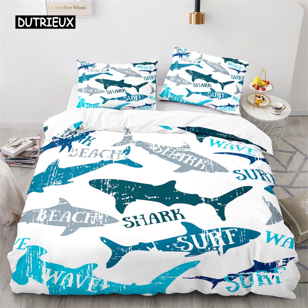 3D Shark Fish Duvet Cover Beach Ferocious Shark Theme Bedding Set Ocean Sea Comforter Cover for Kids Women Men Room Decorations